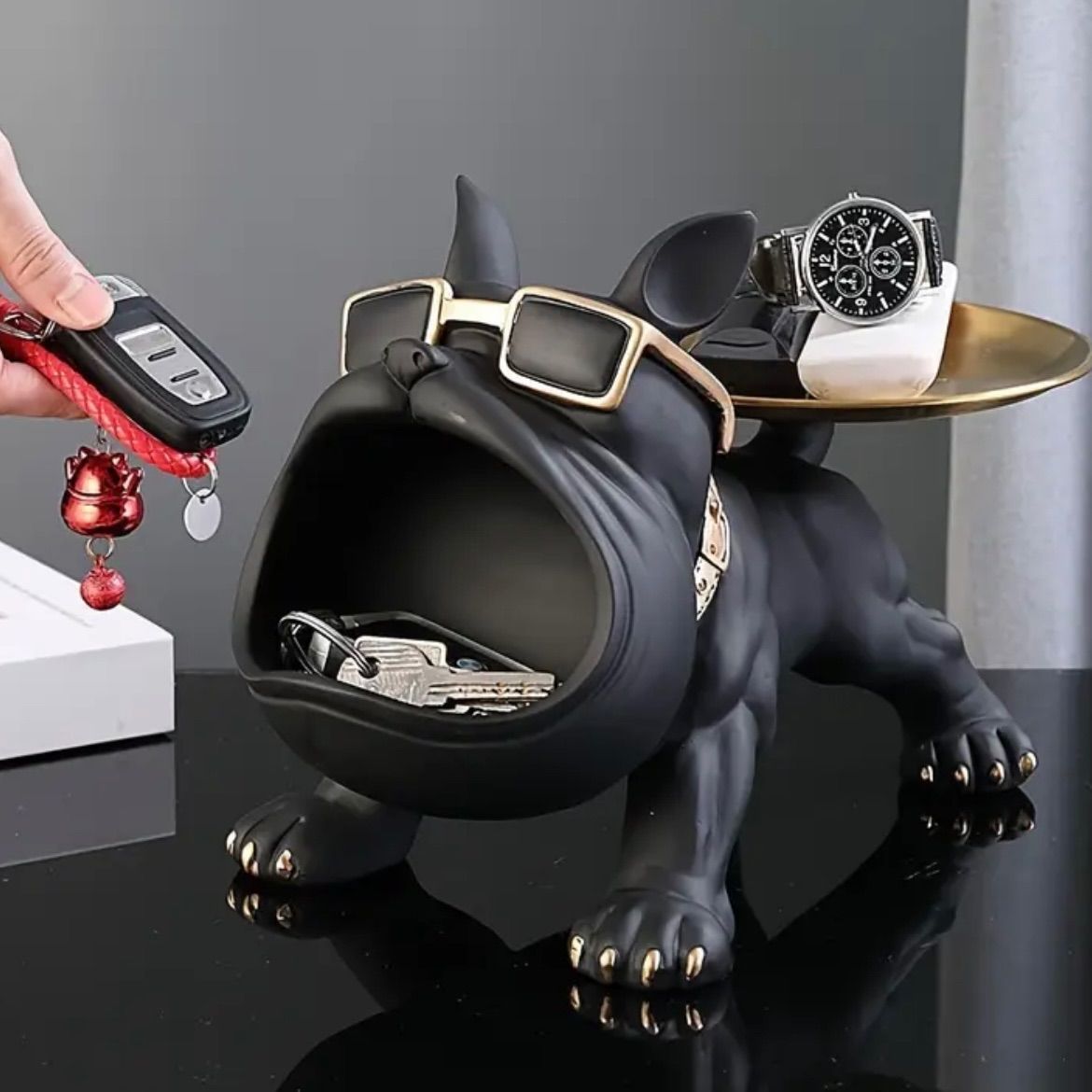 置物 収納 ブルドッグ型 レジン製 グラス仕様 デザイン犬像 リビング