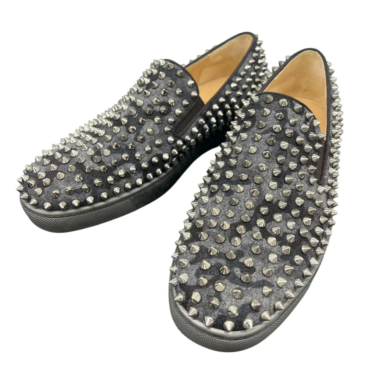 Christian Louboutin クリスチャンルブタン スリッポン スタッズ 迷彩柄 カモフラ EUサイズ41 日本サイズ26~26.5cm前後 フェルト グレー ブラック 靴 シューズ ABランク 鑑定済 ルブタンシューズ