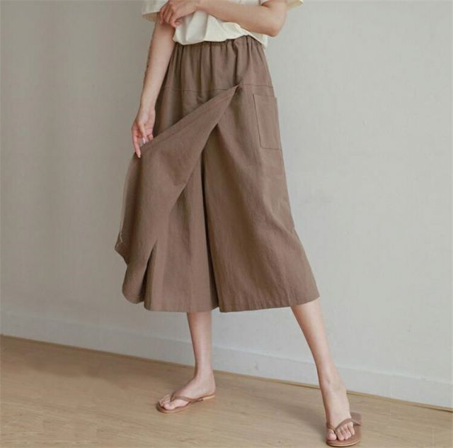 種類11：M    コーヒーの色 綿麻 スリット ワイドパンツ 伸縮性のあるウエスト スリム キュロット[K](T)