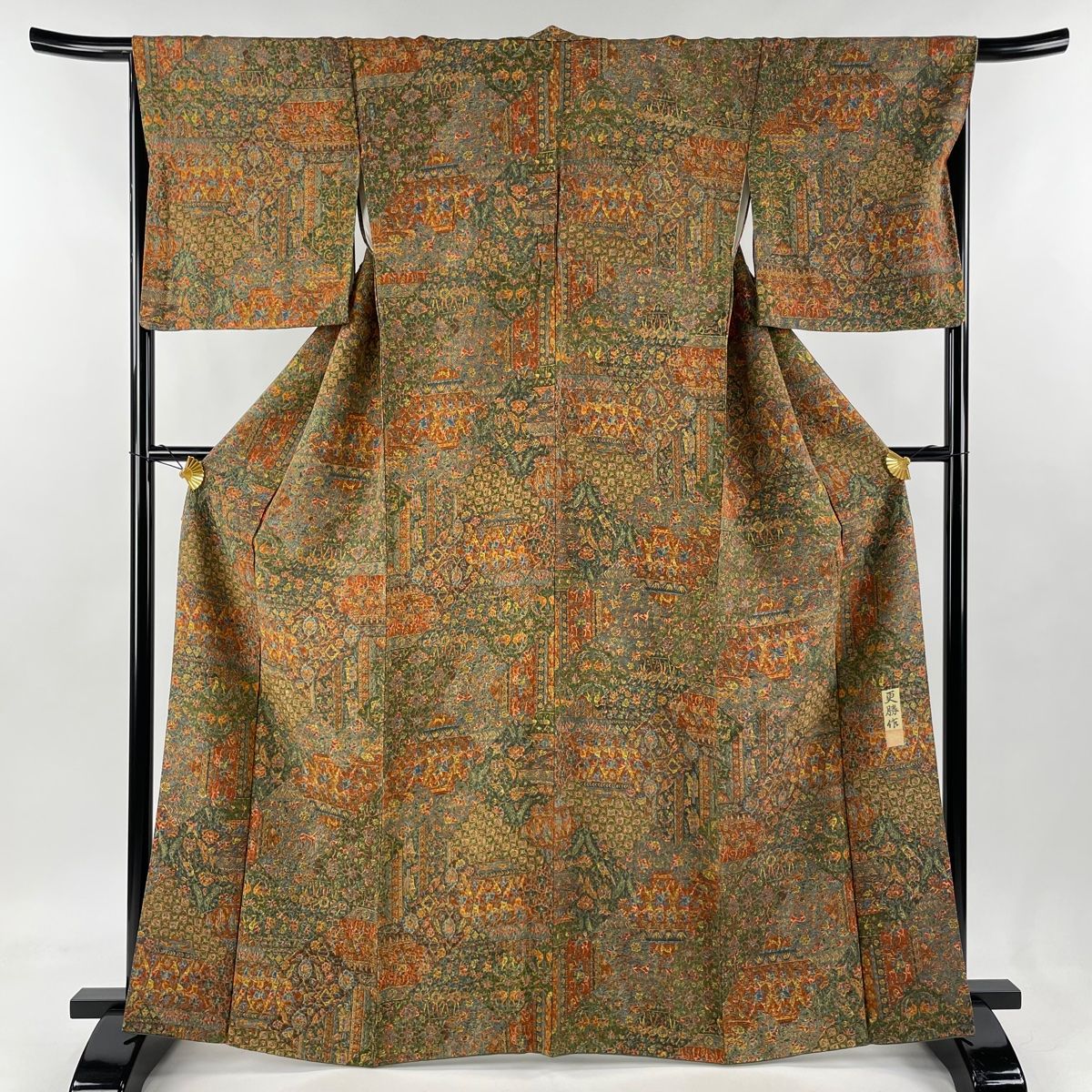 小紋 身丈165cm 裄丈67cm M 袷 更勝 落款 コプト柄 更紗柄 茶緑色 正絹  