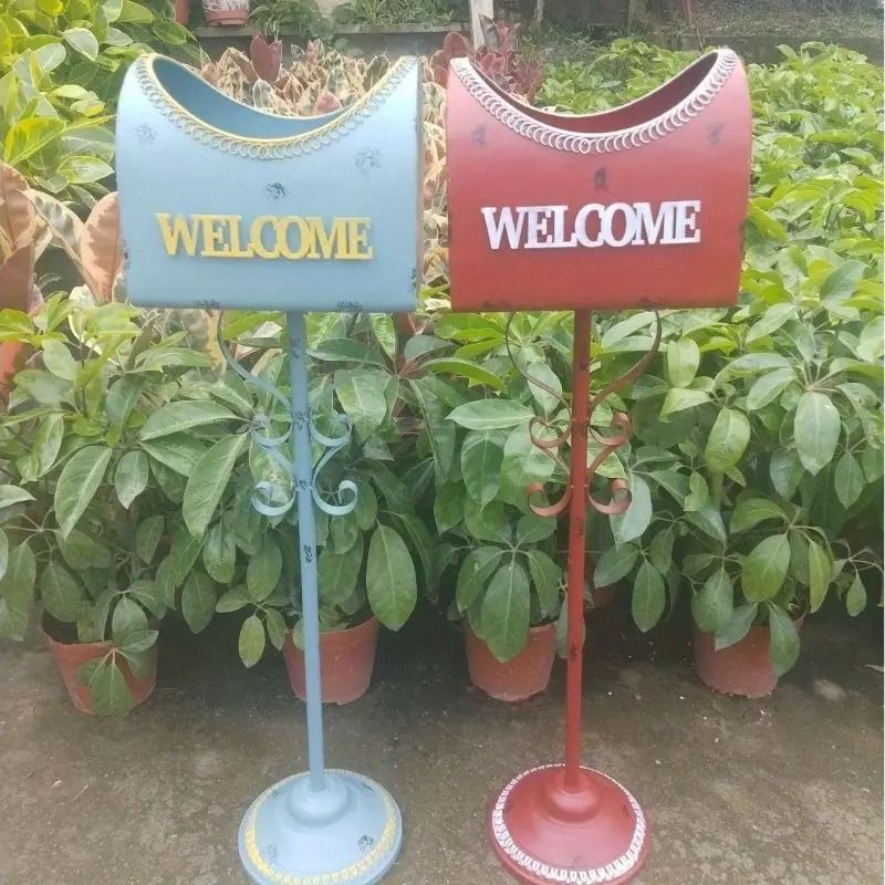 プラントスタンド メールボックス 郵便受け風 フラワースタンド ウェルカムサイン付き かわいい おしゃれ カントリー ガーデン アイアン オ