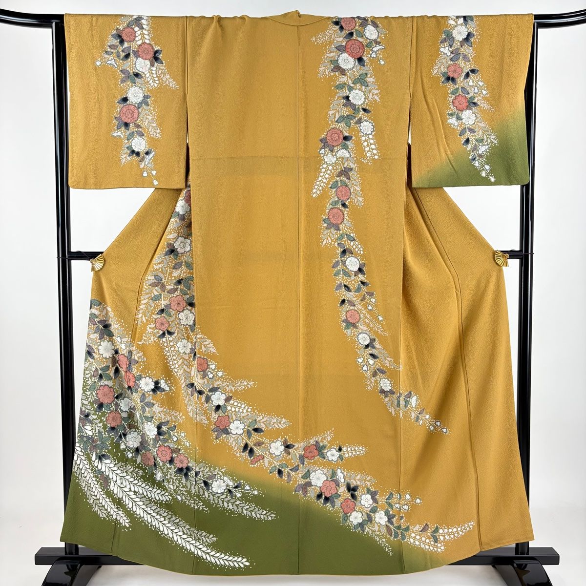 訪問着 身丈159.5cm 裄丈65.5cm M 袷 辻が花柄 ぼかし 山吹茶色 正絹 名品