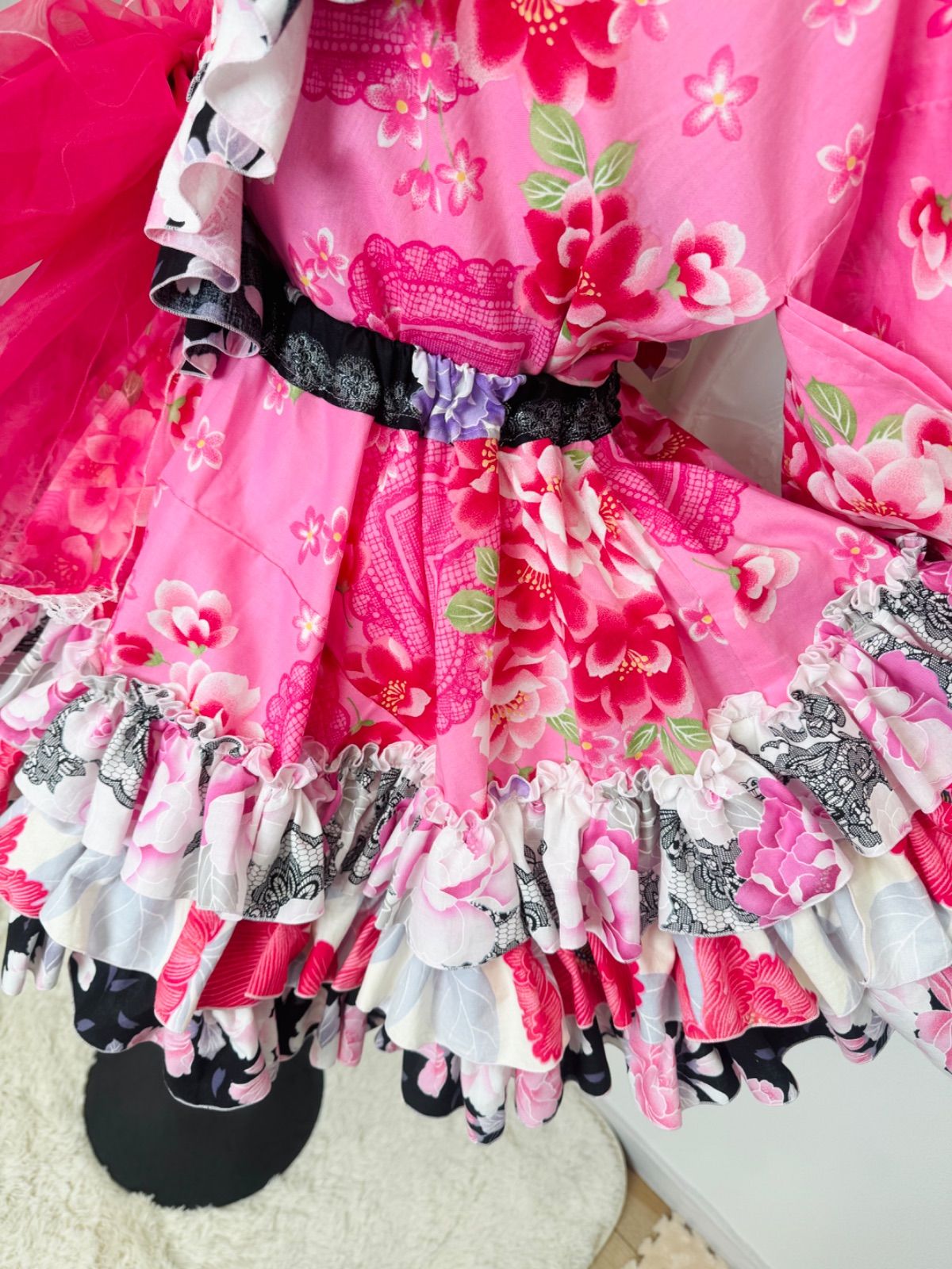 浴衣ドレス【リメイク】姫ギャルフリル浴衣kimonoピンク黒