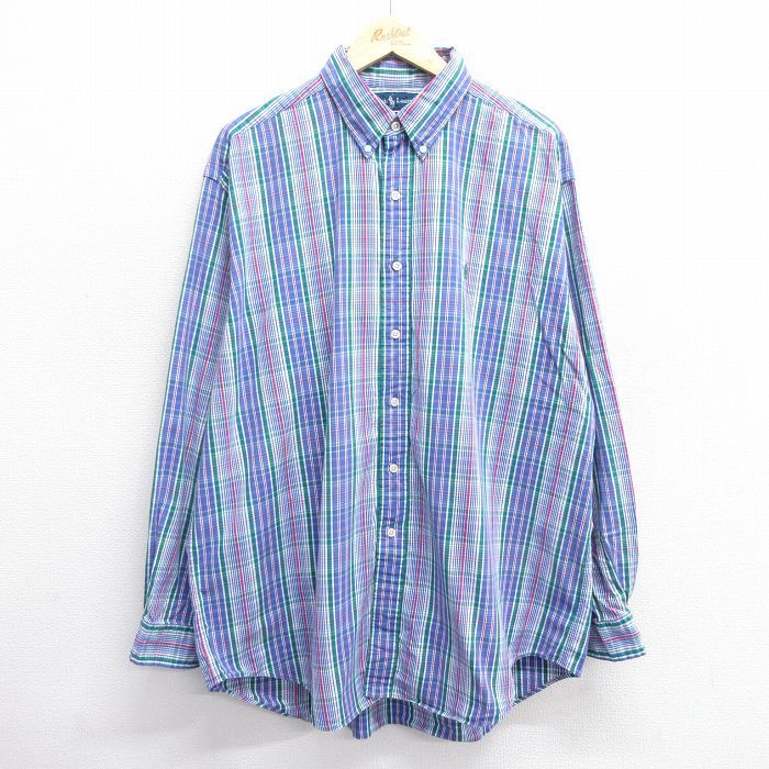 XL/古着 ラルフローレン 長袖 ブランド シャツ メンズ 90s ワンポイントロゴ BLAKE 大きいサイズ コットン ボタンダウン 青他 ブルー チェ