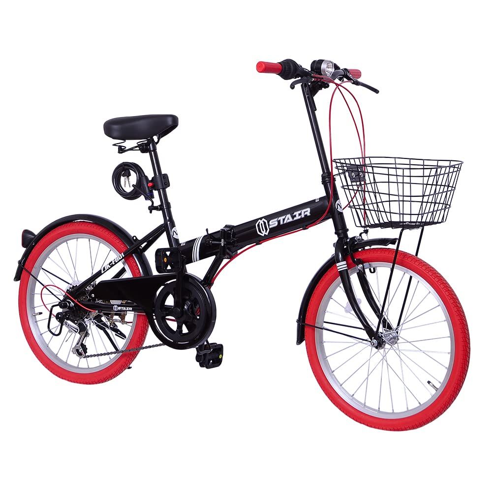 シマノ６段変速 20インチ カゴ付 ワイヤ錠 ライトの 前後泥除け装備 折り畳み自転車 ハンドルの高さ調節できる 小径車 折りたたみ自転車 ミニベロ ブラック