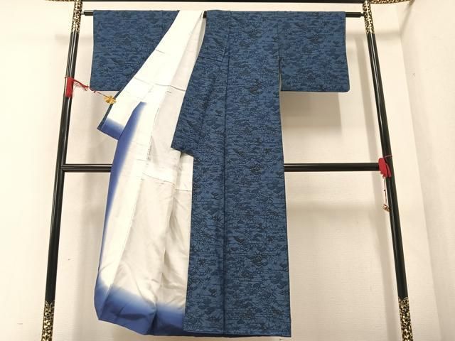 平和屋着物○上質な小紋 型染め 藍 風景草木文 正絹 逸品