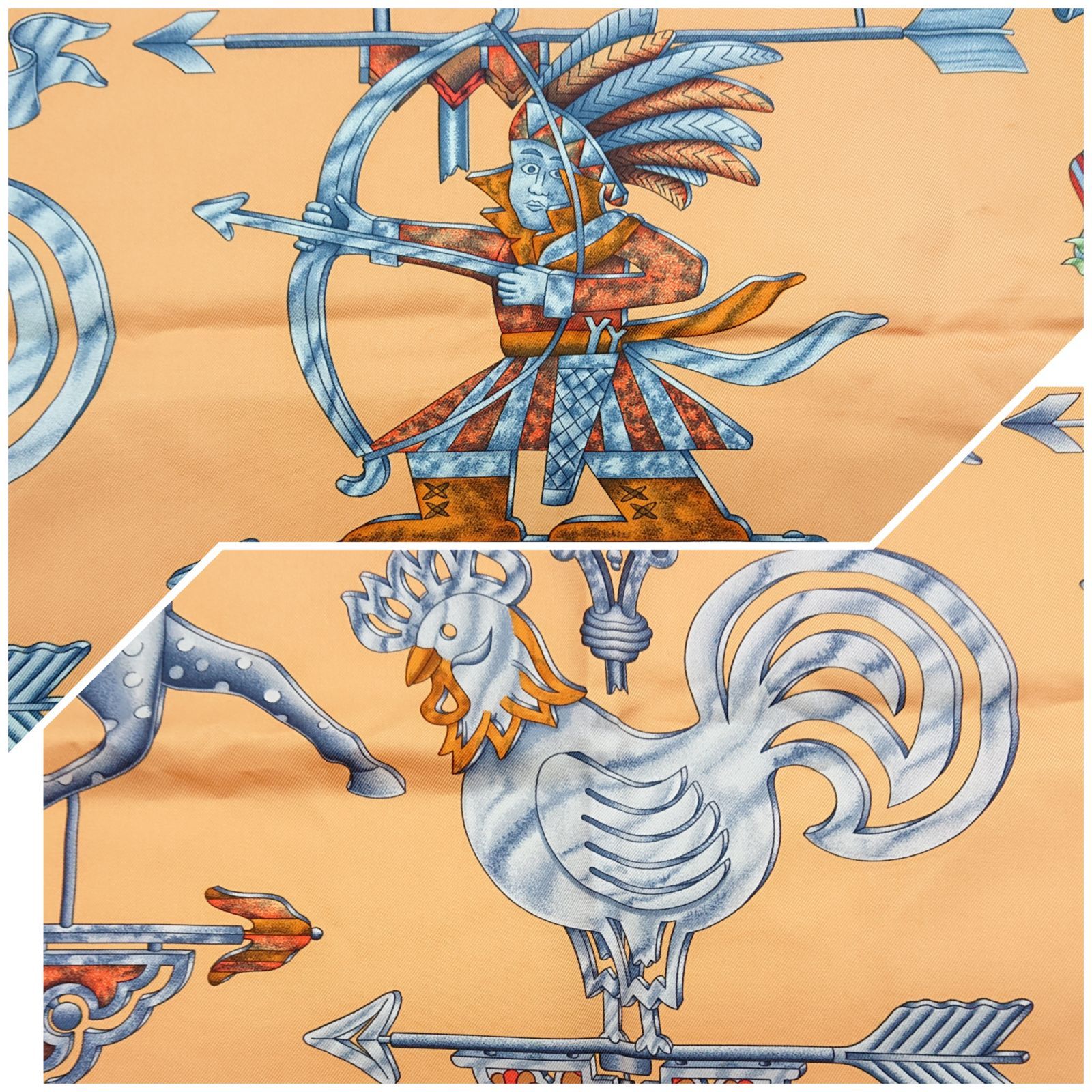 美品　エルメス HERMES カレ90 les girouettes 鑑定済］HERMES LES GIROUETTES カレ90 スカーフ