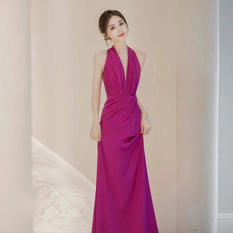 レディース パーティードレス 法式デザイン ハイネック 醋酸 サテン 新婦用 答礼 結婚式 宴会用 露背 ドレス-10.15