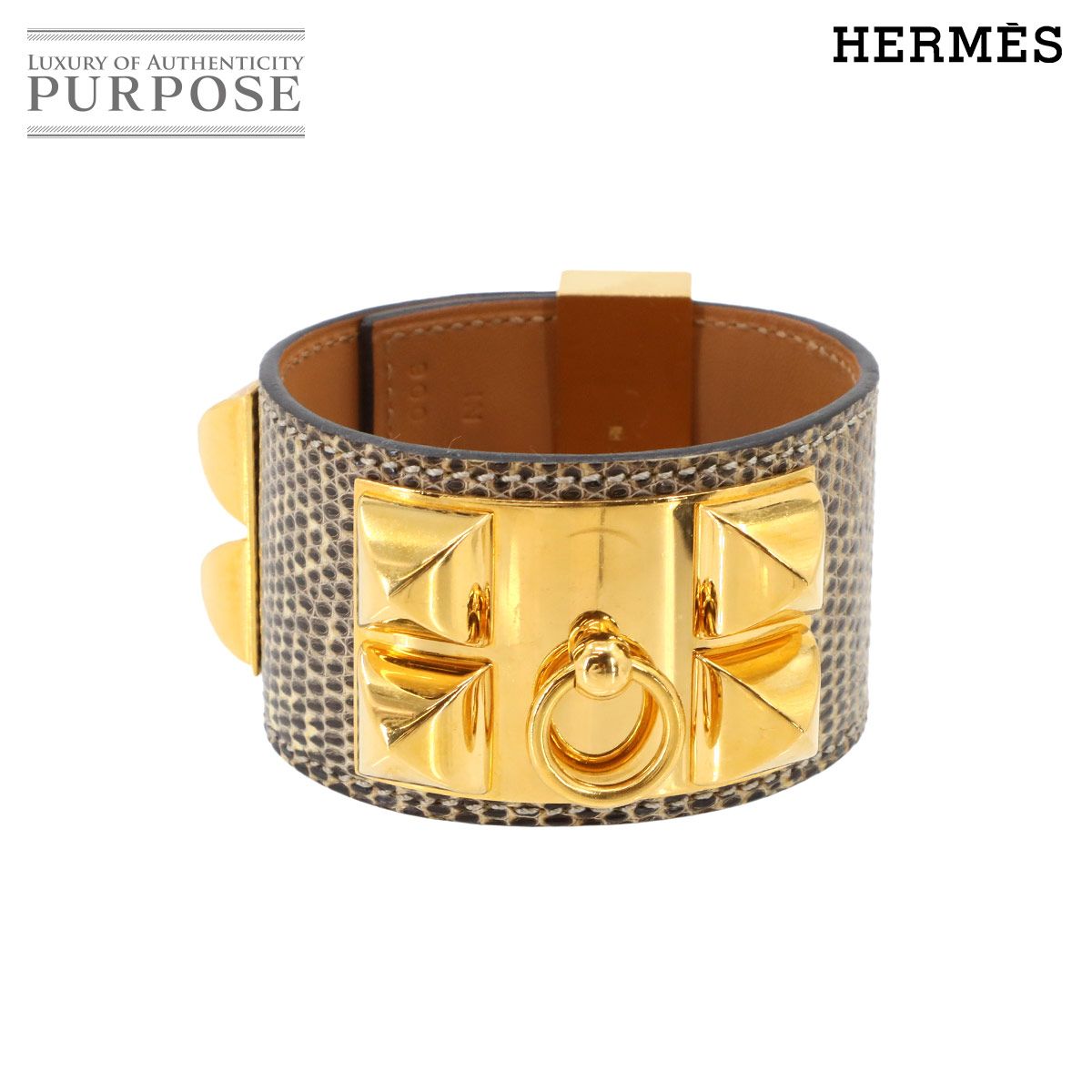 エルメス HERMES コリエドシアン バングル リザード オンブレ X刻印 ベージュ系 ゴールド 金具 Collier de Chien 90299236