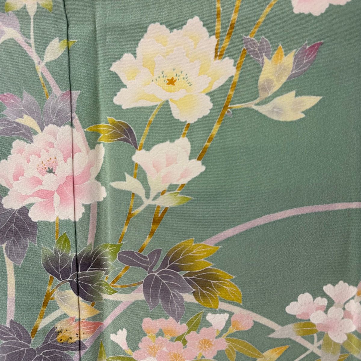 訪問着 身丈154cm 裄丈63.5cm S 袷 百貫石峰 落款 牡丹 桜 薄緑