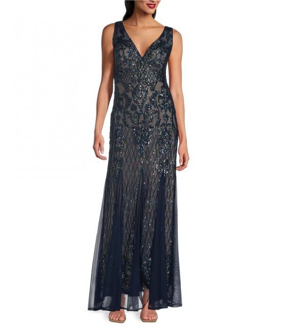 アールアンドエムリチャーズ レディース ワンピース トップス Sleeveless V-Neck Godet Skirt Embellished Long Sequin Gown Twillight