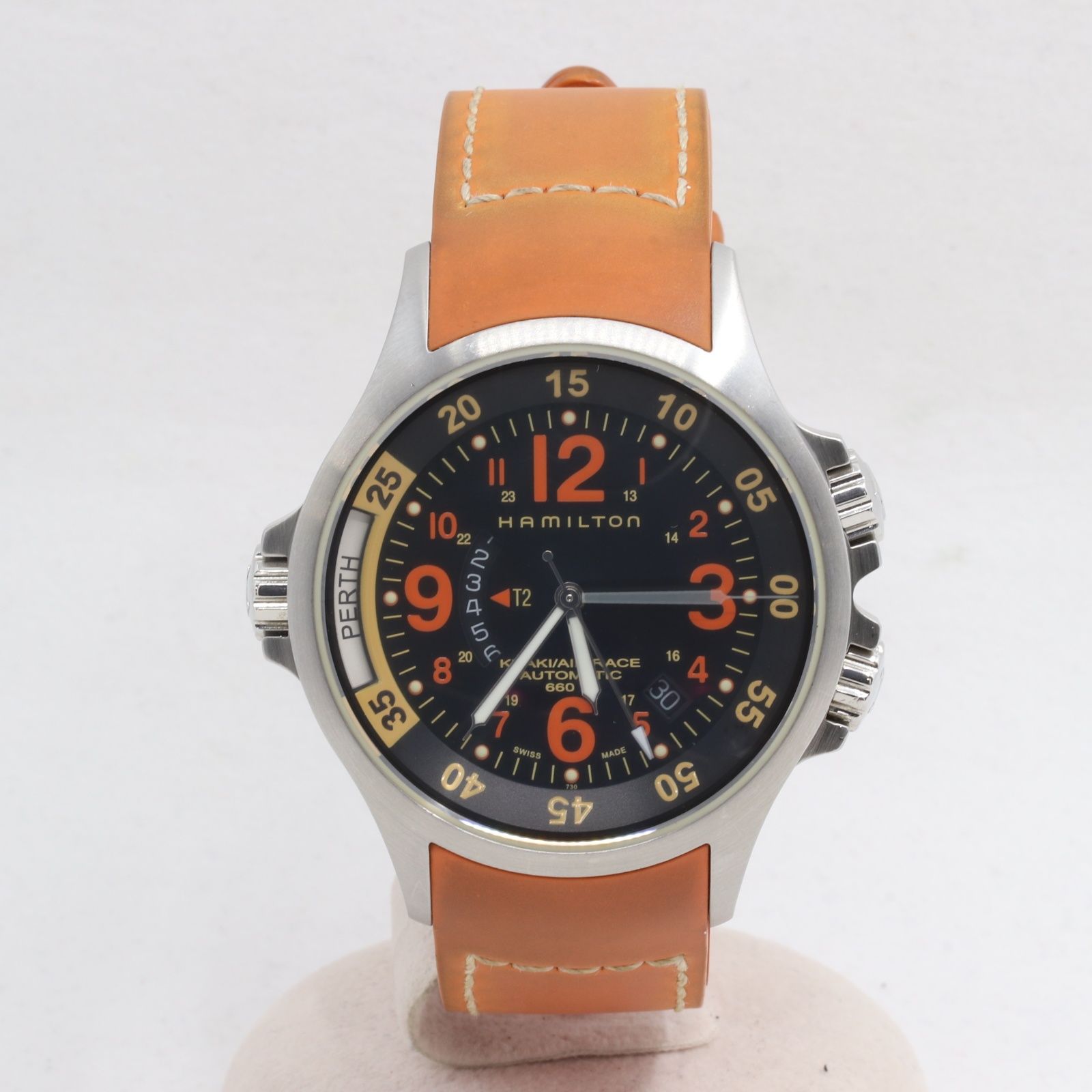 IT82EXVO1B2Q 稼働品 HAMILTON ハミルトン カーキエアレース GMT H776650 SS 純正ラバー AT 自動巻き 裏スケ 黒文字盤 腕時計 メンズ