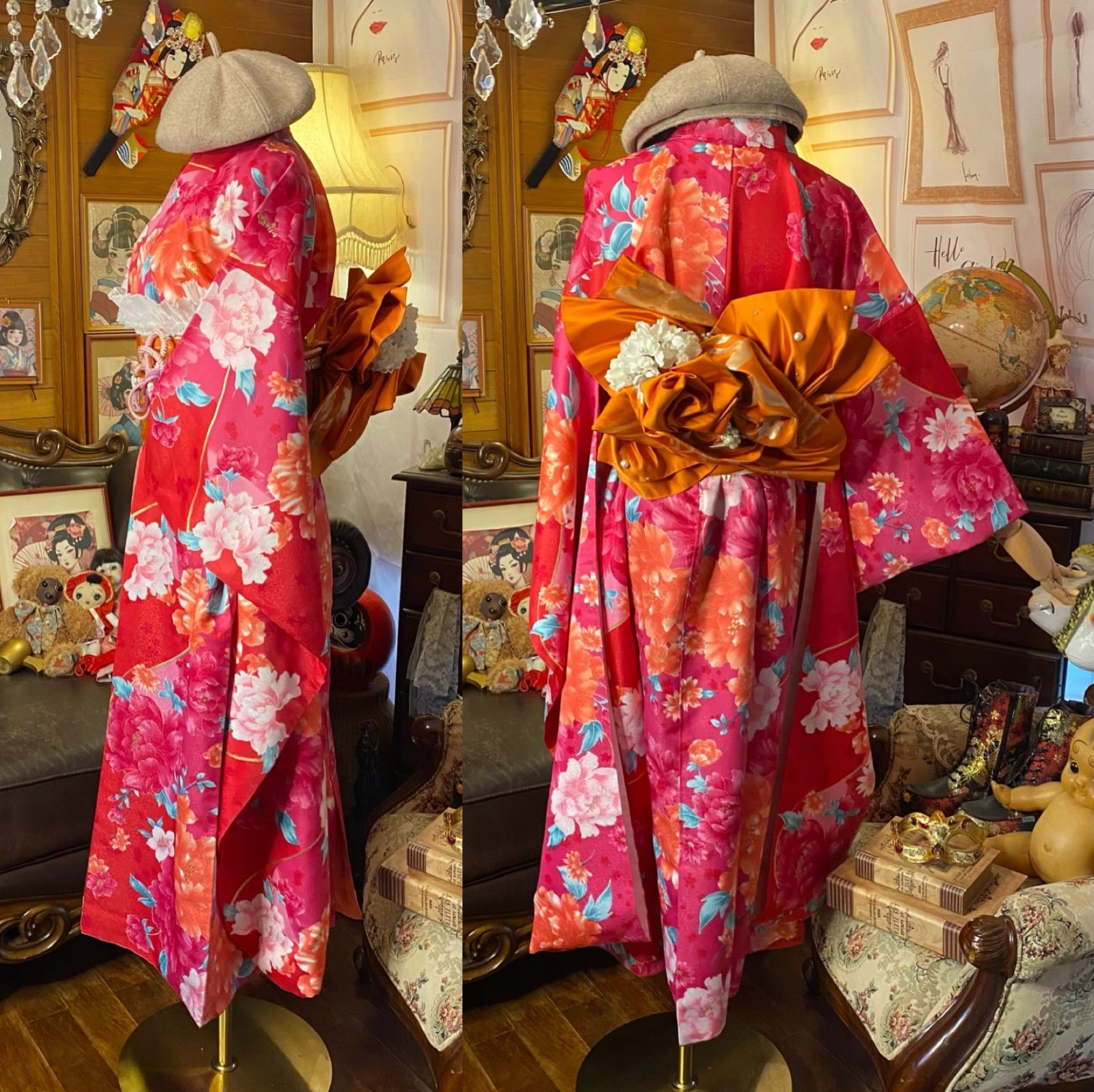 振袖 着物 ロングワンピース ドレス 2部式ローズ/バラ作り帯 リメイク