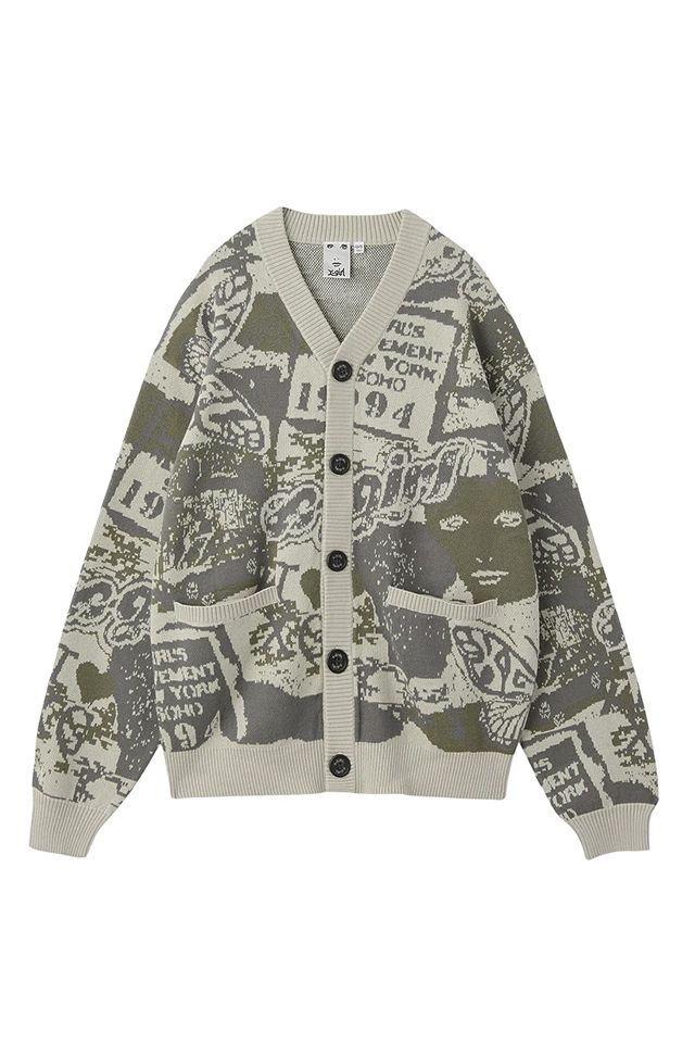 X-girl エックスガール 105254015019 COLLAGE GRAPHIC JACQUARD KNIT CARDIGAN コラージュグラフィックジャガードニットカーディガン OLIVE 正規通販 レディース