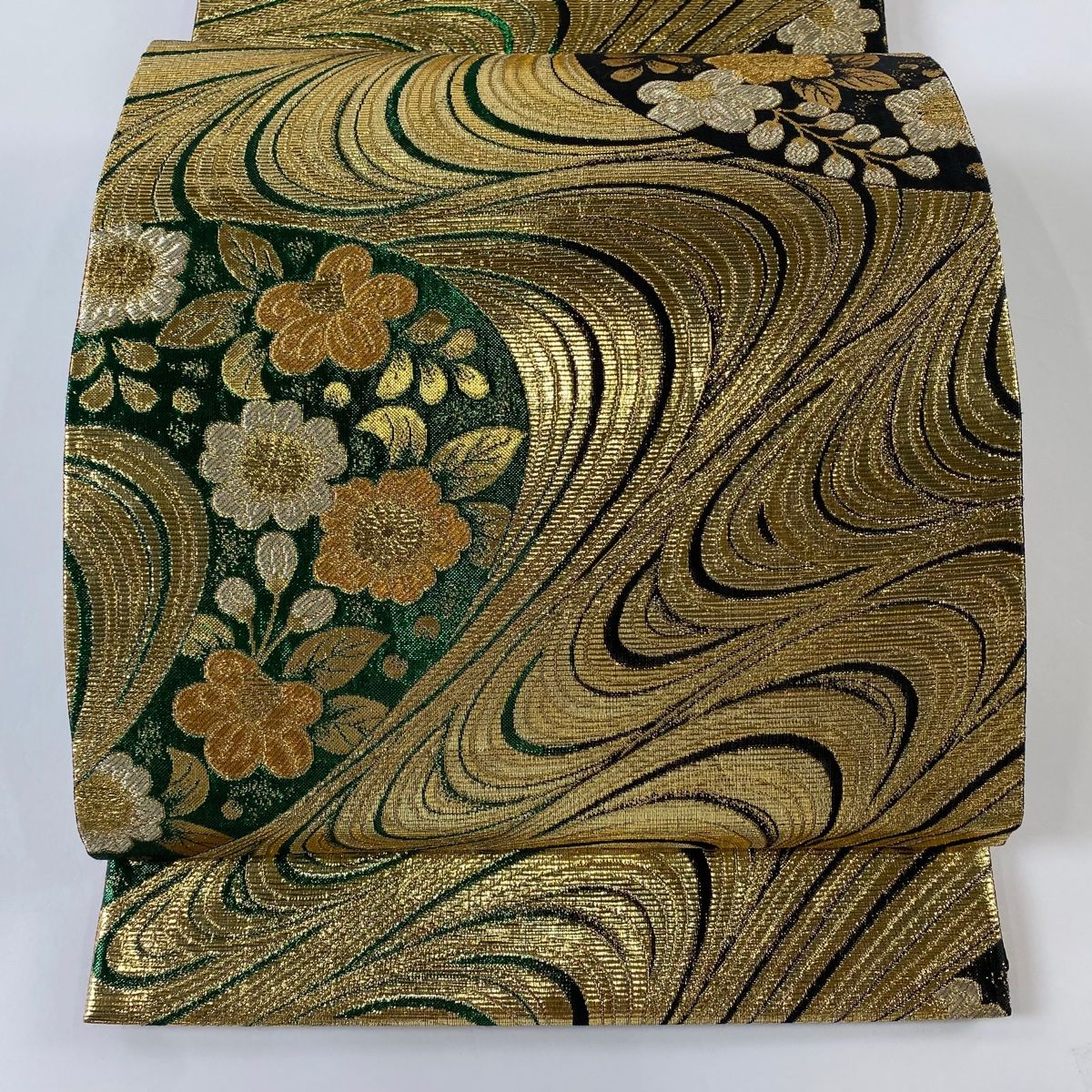 袋帯 美品 秀品 鈴乃屋 草花 流水 金糸 箔 紫 六通 正絹｜中古
