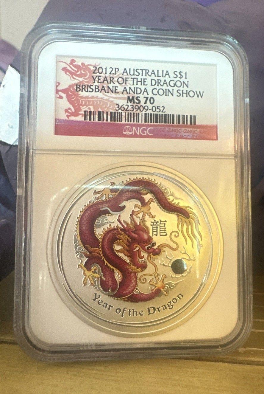 2012-P $1 Atralia -Year of the Dragon- NGC MS70 -Purple-Brisbane ANDA Show