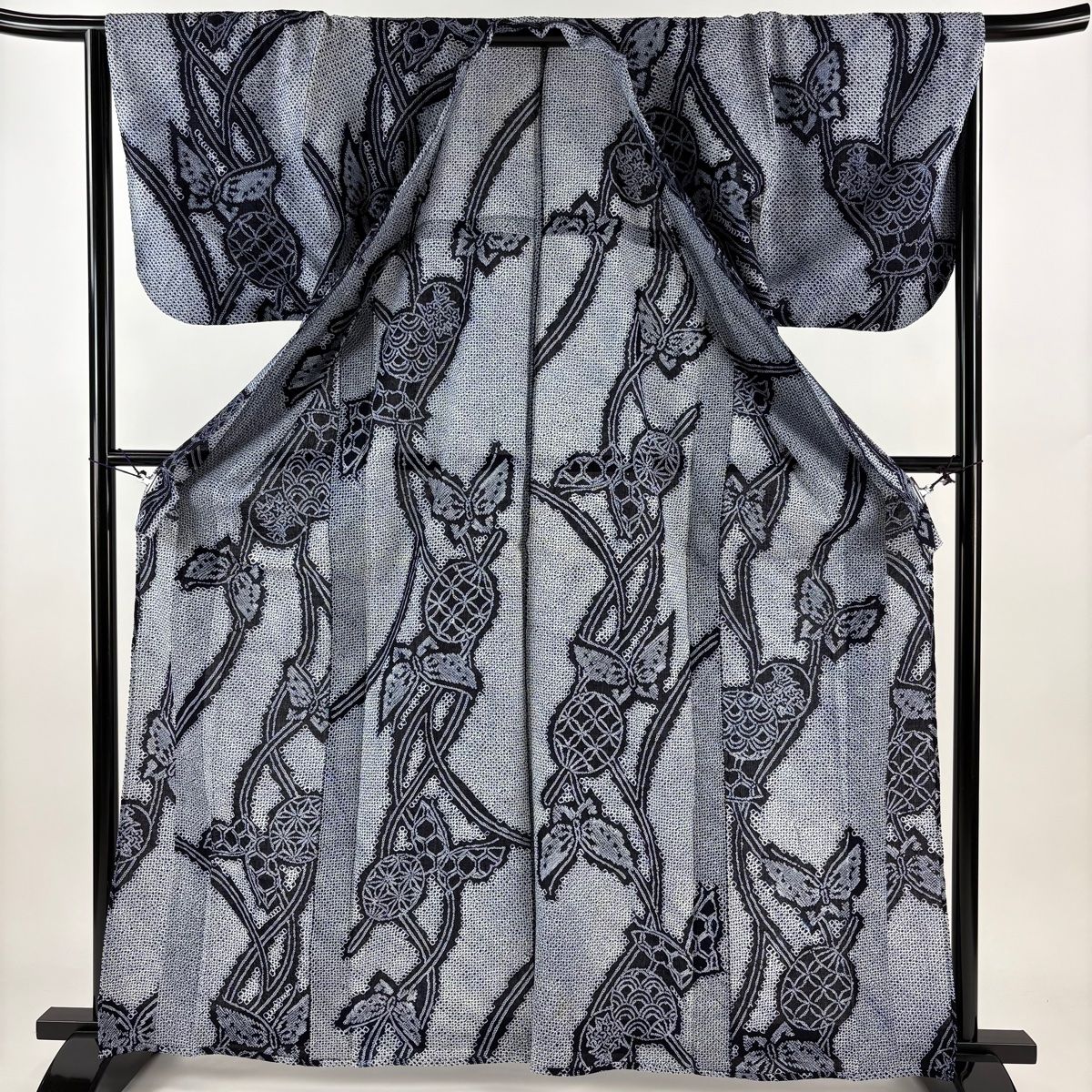 浴衣 身丈152.5cm 裄丈62.5cm S 絞り浴衣 花 濃紺 綿 名品 中古（浴衣  