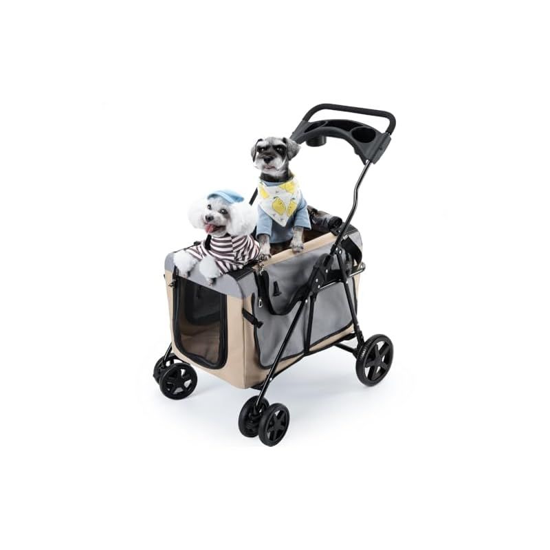 Pandaloli ペットカート 犬 バギー ベビーカー 中型犬 小型犬 猫 多頭 カート 4輪 軽量コンパクト 耐荷重25Kg 前輪360°回転 後輪ブレーキ付き 飛び出し防止リード2本付き 折りたたみ 組み立て簡単 ベージュ色 1