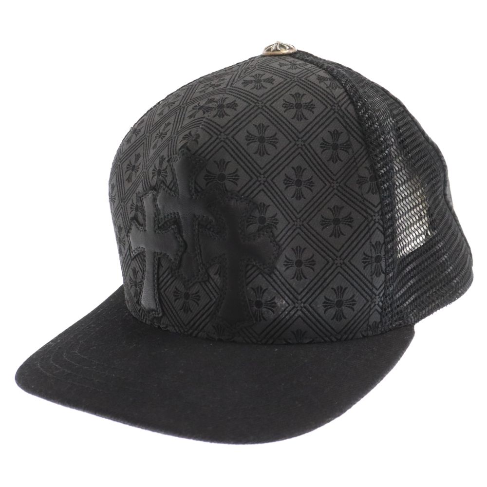 CHROME HEARTS (クロムハーツ) TRUCKER CAP レザークロスパッチ総柄プリントクロスボールメッシュキャップ 帽子 ブラック