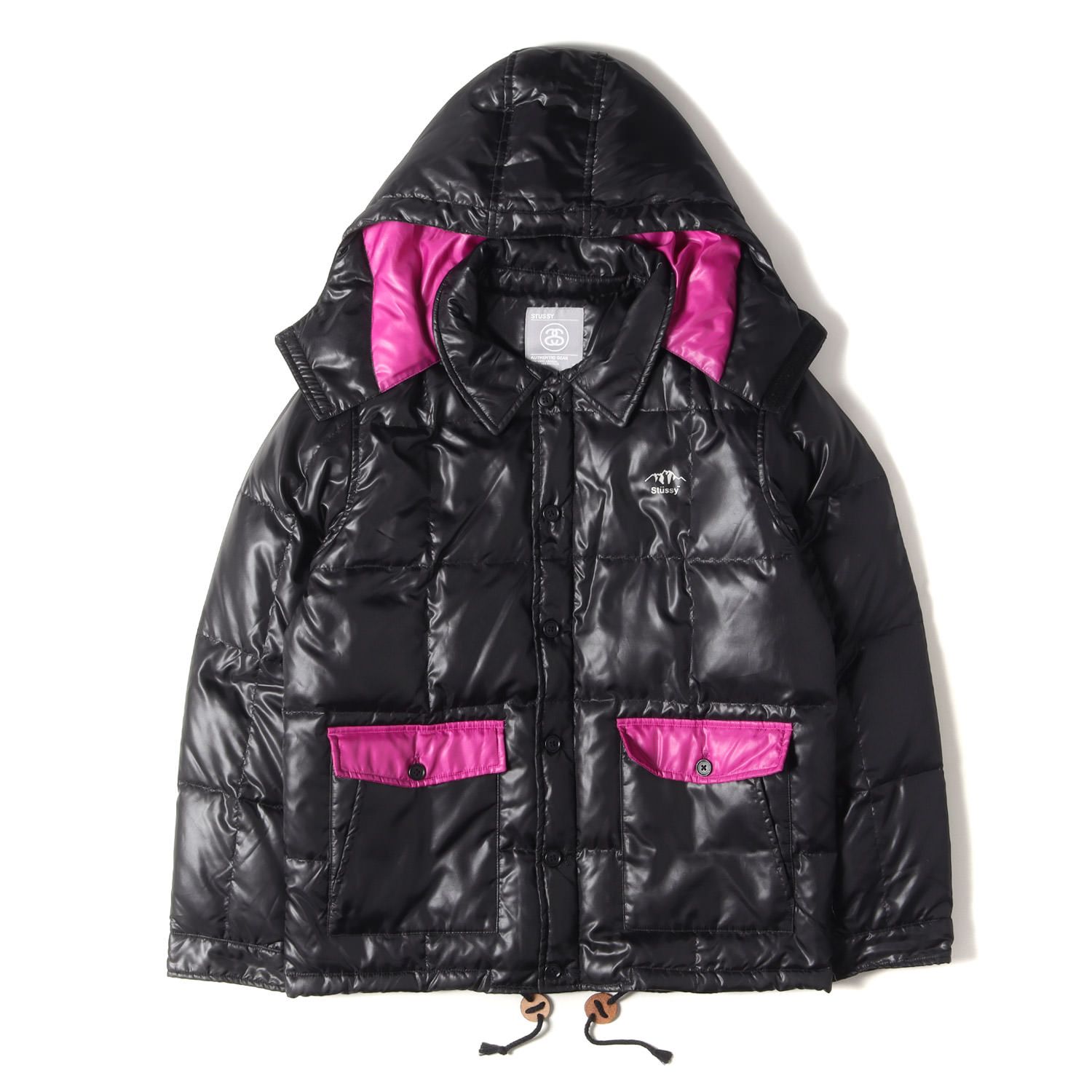 Stussy フード付きダウンジャケット 黒/ピンク Stussy フード付きダウンジャケット 黒/ピンク