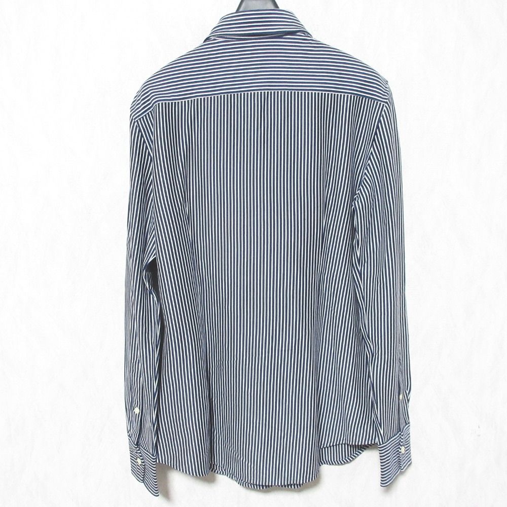 美品 POLO RALPH LAUREN ポロラルフローレン ストライプ柄 ニットドレスシャツ 長袖 ブラウス M ネイビー系 レディース 古着 中古 美品 POLO RALPH LAUREN ポロラルフローレン ストライプ柄