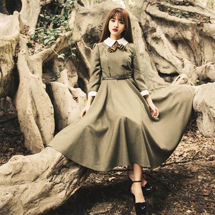 森ガール リボン付き ワンピース ロングワンピース レトロ クラシック 