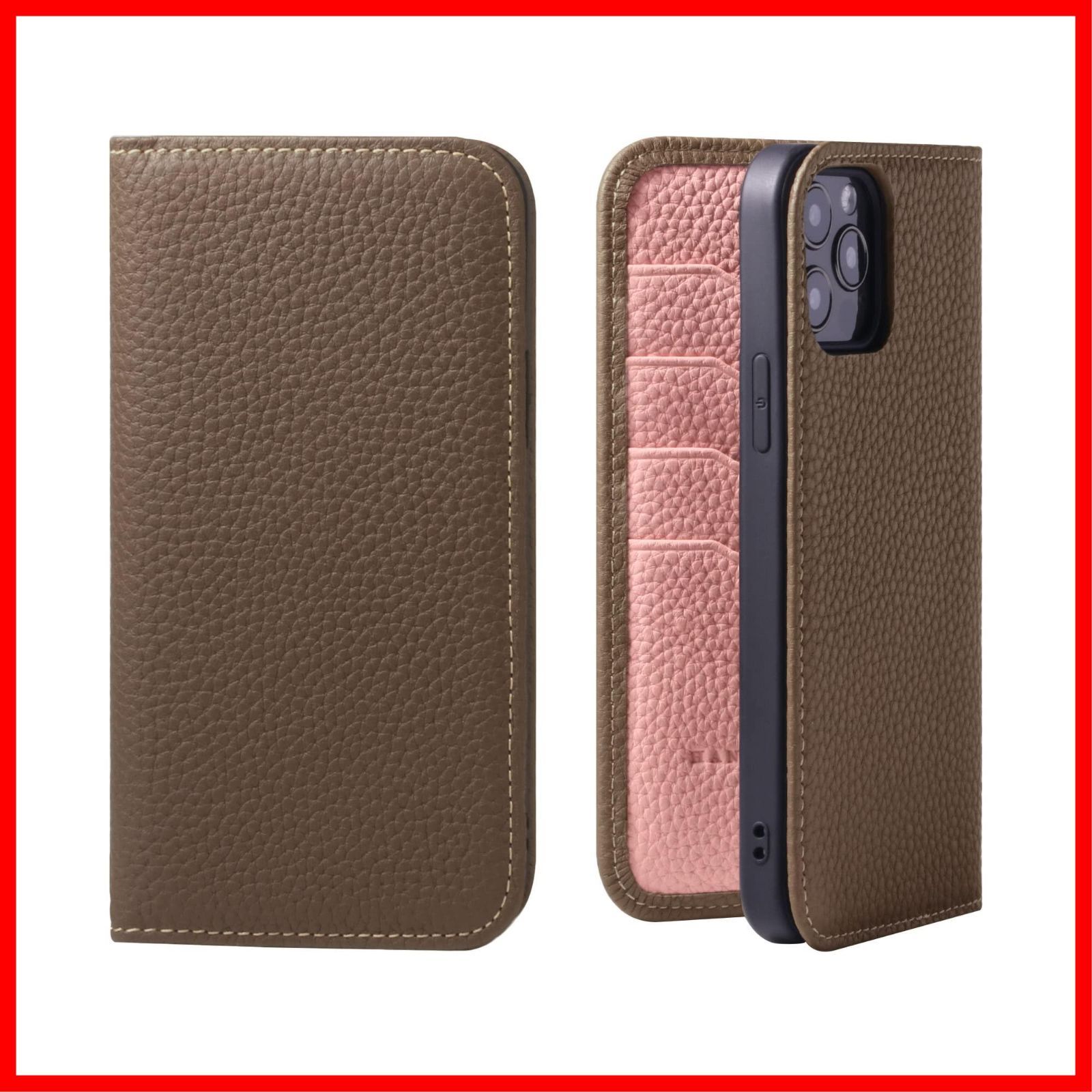 【数量限定】iPhone14ProMax ケース 手帳型 本革 スマホケース スマホ スタンド HANATORA コードホルダー 付き シュリンクカーフレザー ギフト マグネットなし トープ + ピンク PH-14ProMax-Taupe-PK