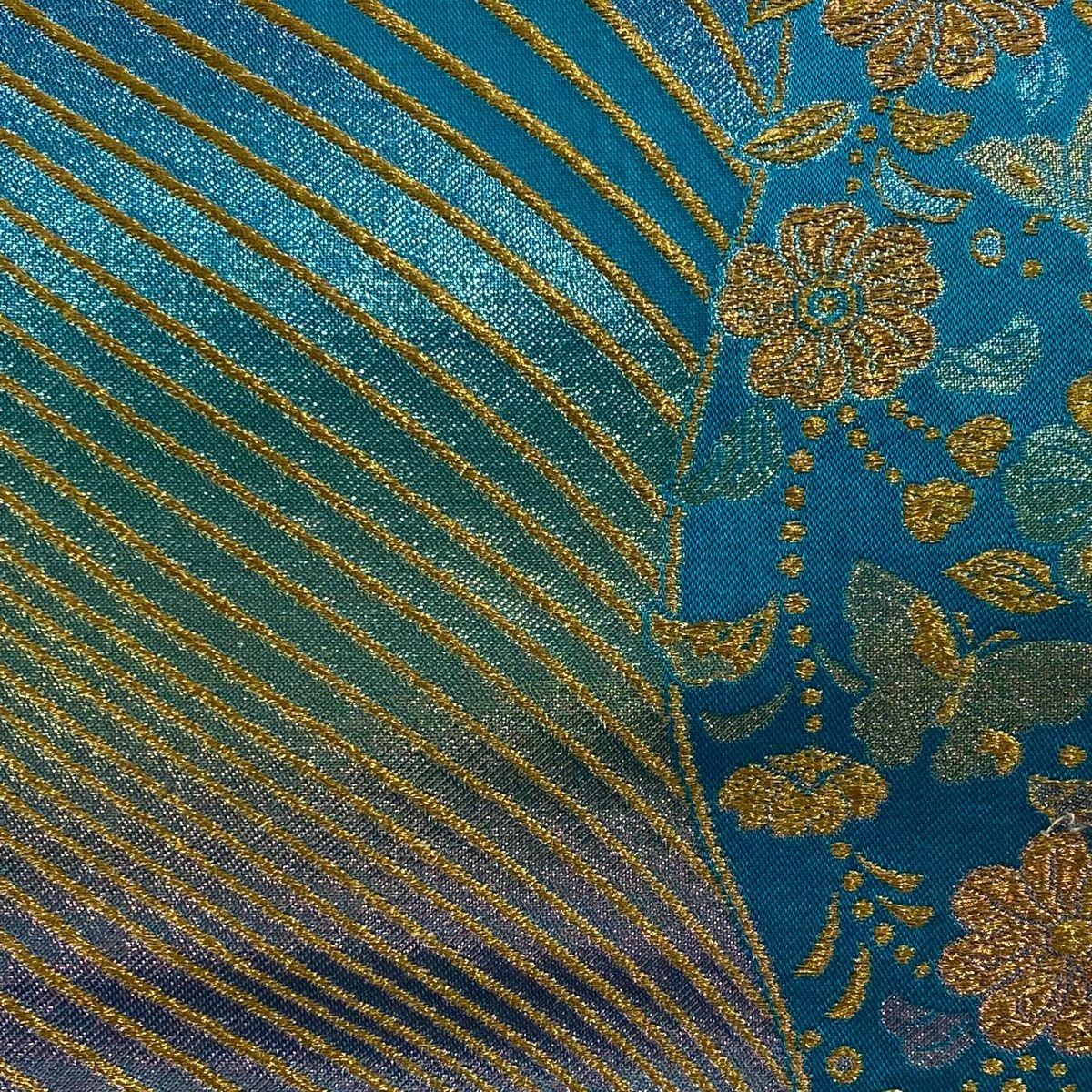 袋帯 袋帯 秀品 振袖向き 草花 蝶 金糸 ラメ箔 青緑 六通 正絹 【中古】