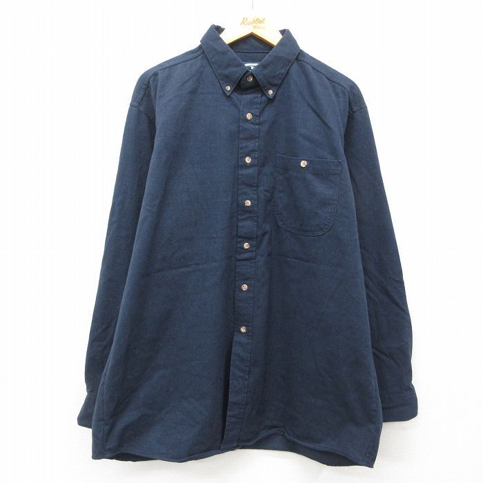 XL/古着 長袖 シャツ メンズ 90s 大きいサイズ ロング丈 コットン ボタンダウン 紺 ネイビー 25feb17 中古 トップス