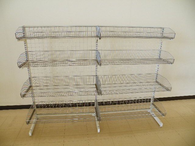 中日製 H135cm×W90cm 2連結片面4段ワイヤーバスケット什器□陳列棚 