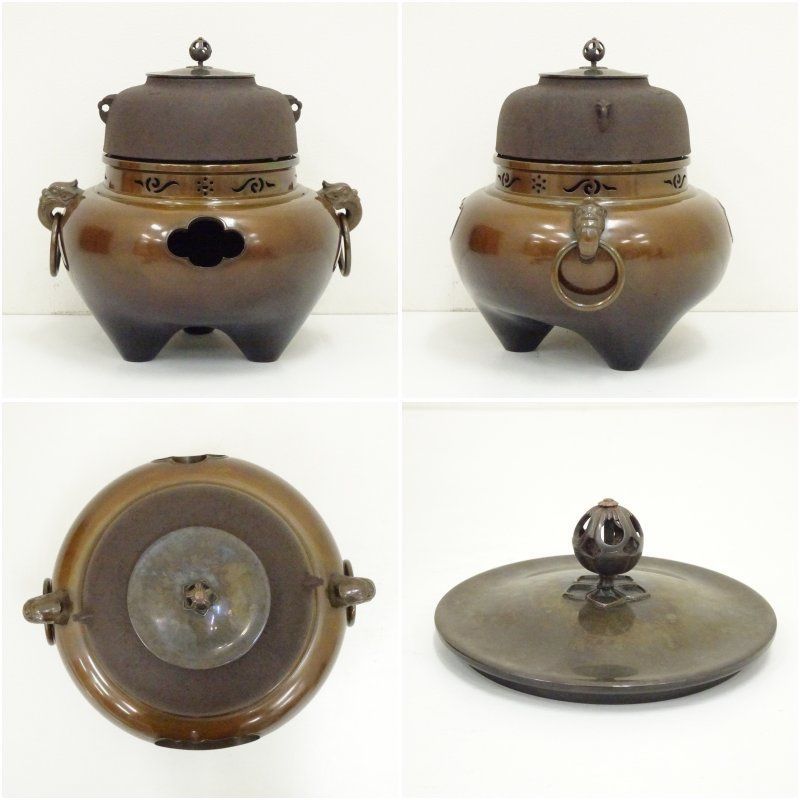 茶道具 釜師:増山馨鉄 風炉師:〇雲 唐銅 鬼面風炉 茶釜 立派な風炉です 釜師 増山馨鉄・風炉師 剛章造 唐銅鬼面風炉（共箱） 茶道