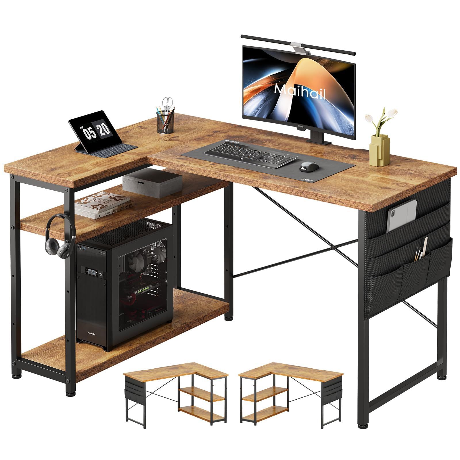 在庫 Maihail デスク 机 pcデスク パソコンデスク l字デスク 右棚左棚 幅120cm つくえ 棚板高さ調節 作業机 L字型 勉強机 リモートワーク ラック付き ピンテージ