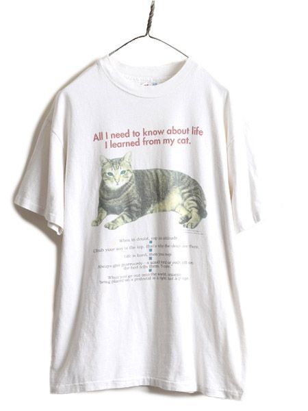 【お得なクーポン配布中!】 90s アニマル メッセージ プリントTシャツ L 猫 フォト アート イラスト