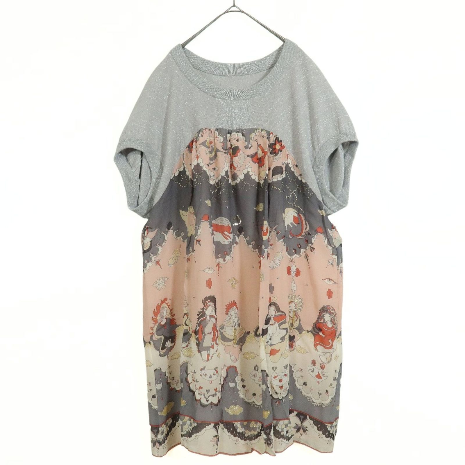 TSUMORI CHISATO ツモリチサト ワンピース サイズ2 グレー×ピンク系 キッチュな絵柄-ラメ♪z11493