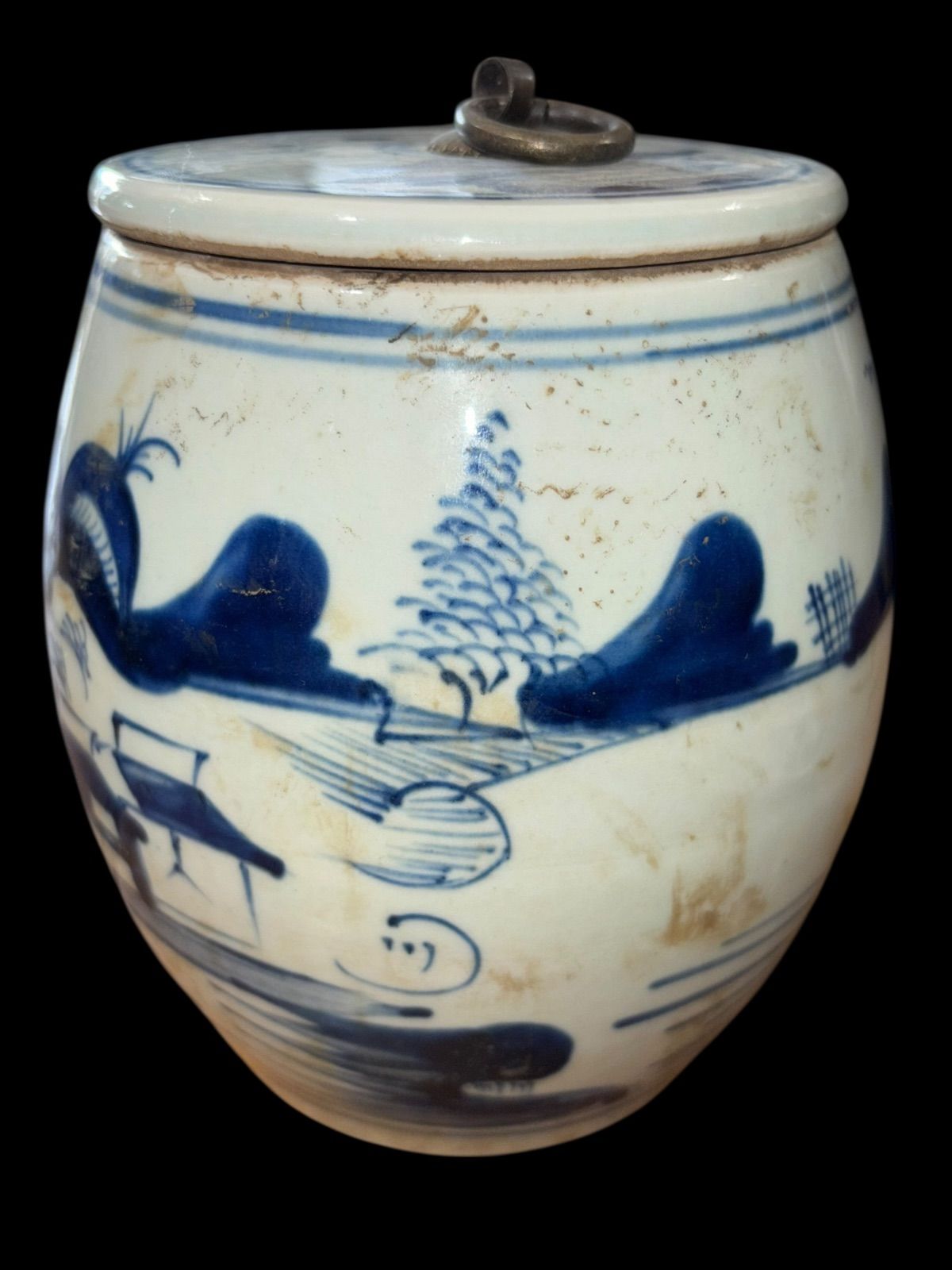 中国買付品 中国雑貨 中国美術 山水染付 風景 小壺 蓋つき