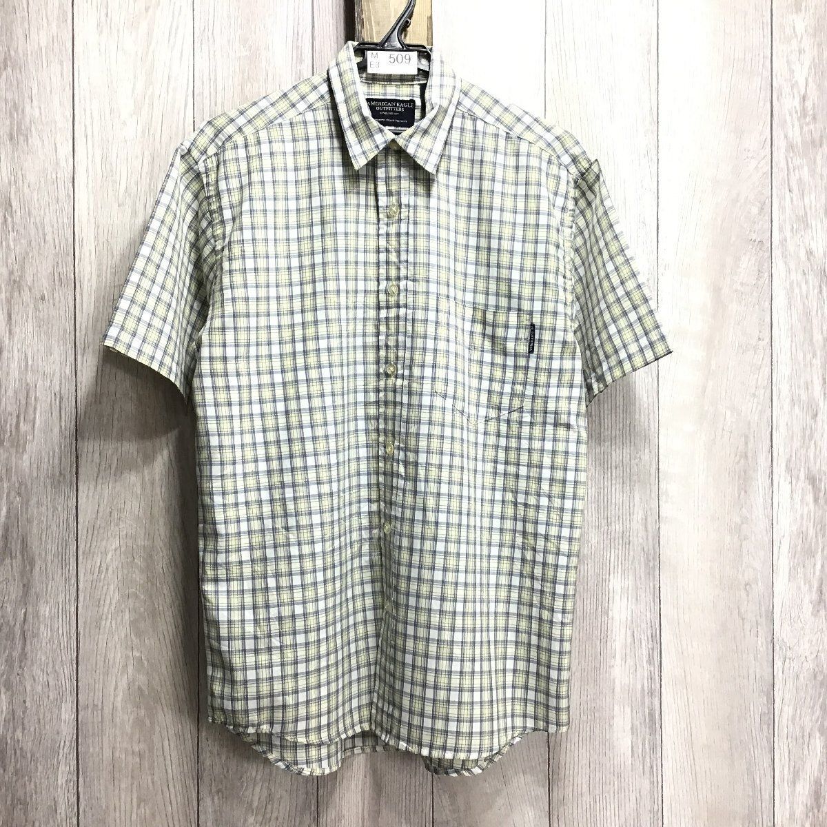 ME3-509★USA直輸入!!★希少サイズ★良品【AMERICAN EAGLE アメリカンイーグル】片ポケット チェック 半袖 シャツ【メンズ XS】薄黄色 USA古着 アメカジ チェックシャツ