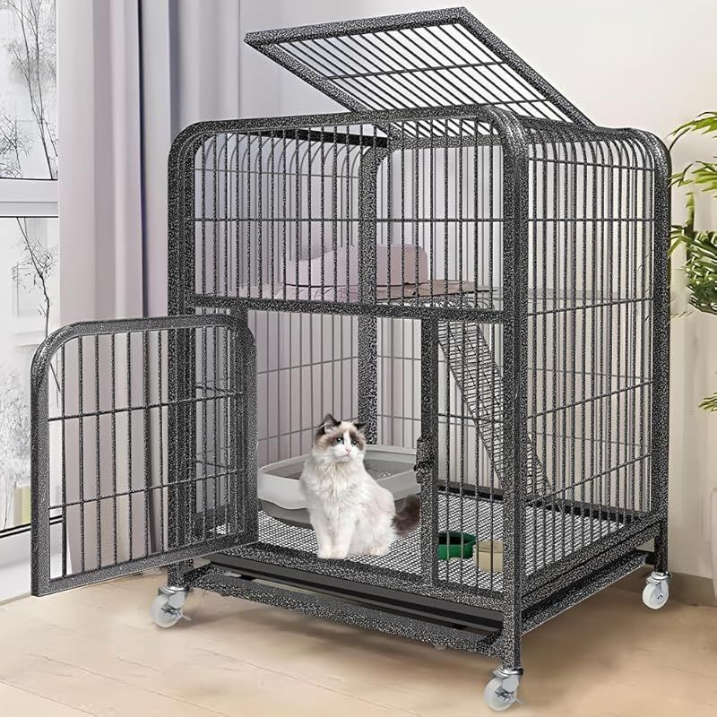 Athvcht 猫ケージ 猫用ケージ 猫ハウス サイズ 高さ100×幅78×奥行55cm 室内 大きめ動物 大型猫用 多頭飼い猫 移動便利 組立簡単 取り外し なペット用品 室内飼い 頑丈 梯子付き シルバーブラック