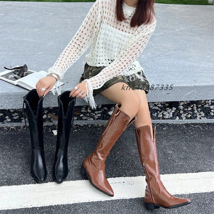 ロングブーツ レディース ブーツ ジョッキーブーツ ニーハイブーツ 尖ったつま先 レザー レースアップブーツ ワークブーツ 可愛い ゆったり 編み上げブーツ kni4a387335 KIN-KAAI_COM