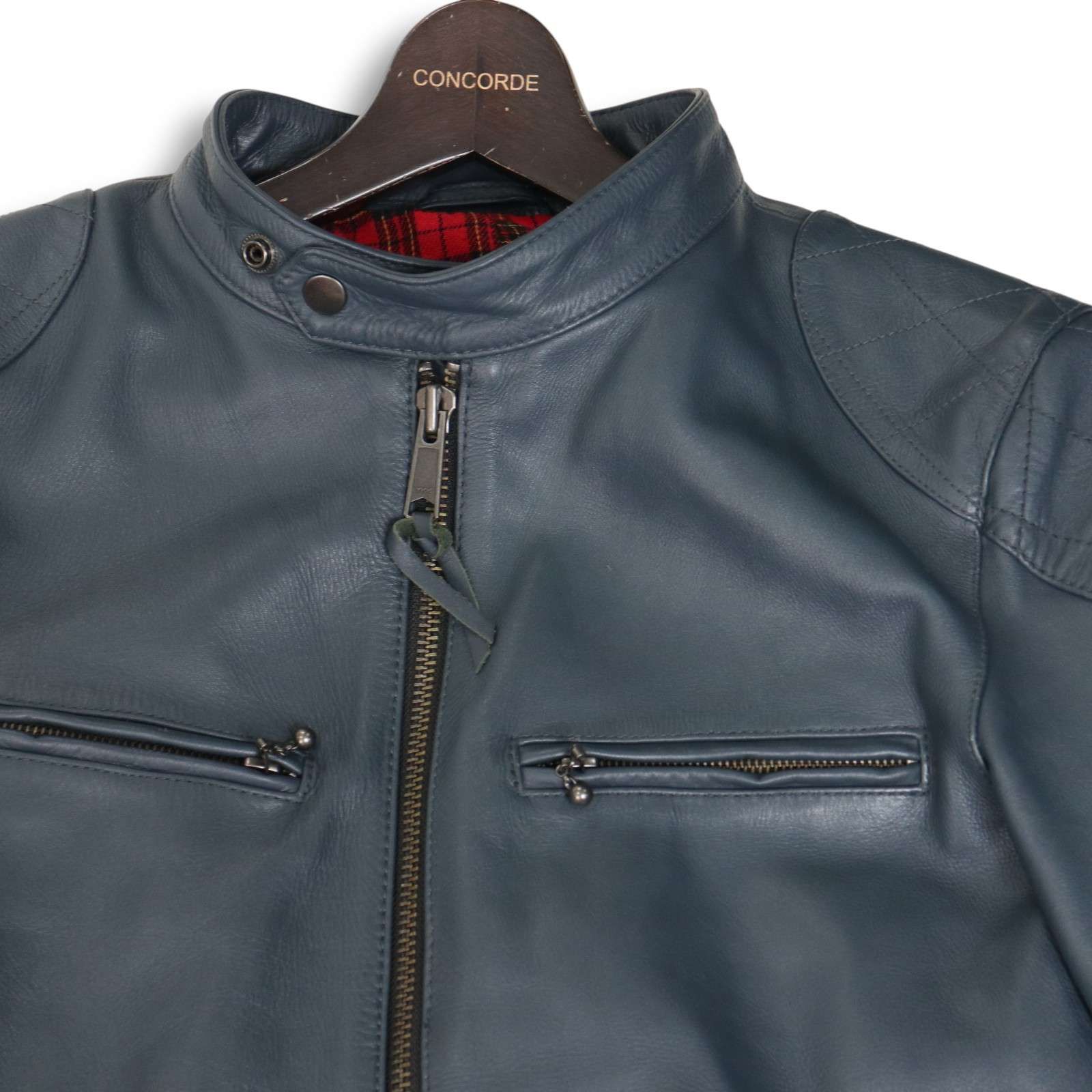 Haruf ハルフ 秋冬 裏地赤チェック 牛革 カウ レザー シングル ライダース ジャケット Sz.LL メンズ