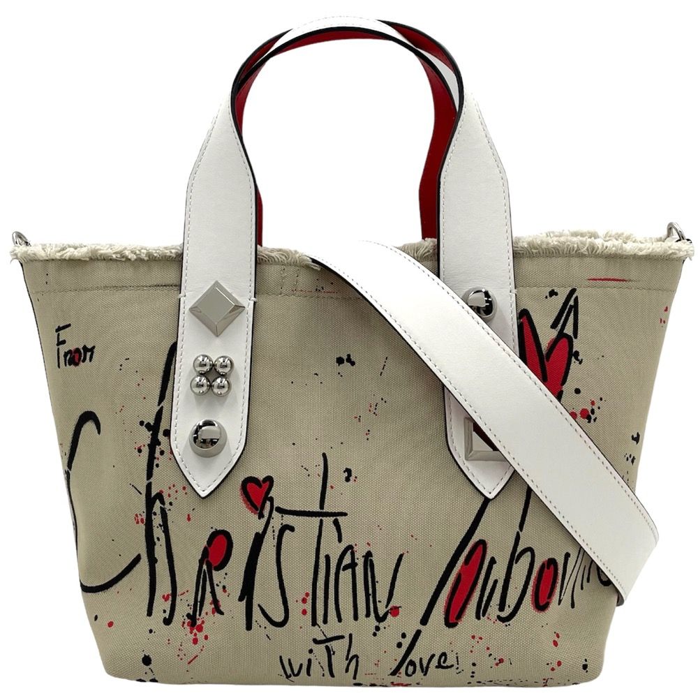 クリスチャンルブタン トートバッグ レディース Frangibus フランジバス スモール ハンドバッグ スタッズ 肩掛け かばん 鞄  Christian Louboutin キャンバス レザー ベージュ ホワイト 白 ガンメタル金具 美品【中古品】