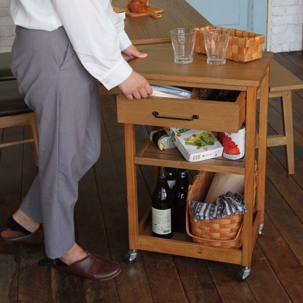 キッチンワゴン スリム キャスター付き おしゃれ 木製 天然木 オーク材