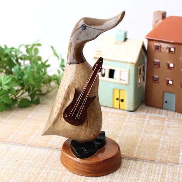 アヒル 鳥 ダック 置物 オブジェ おしゃれ ギター 木彫り 木製