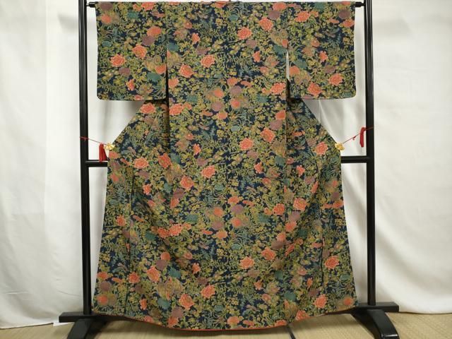 平和屋着物●上質な小紋　舞草花文　金彩　鬼しぼ縮緬　正絹　逸品　未使用　CAAX4636ut 平和屋着物□上質な小紋 草花文 金彩 鬼しぼ縮緬 正絹 逸品 未