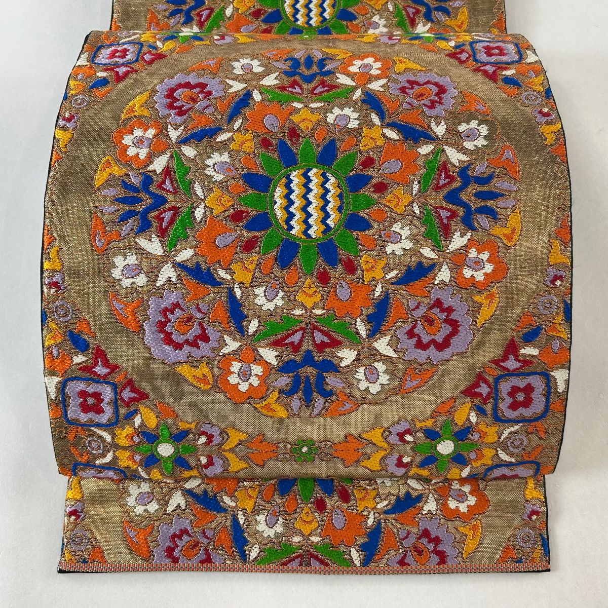 未使用【逸品】八寸 名古屋帯 六通柄 正絹 橙 正倉院 華文 洒落 着物