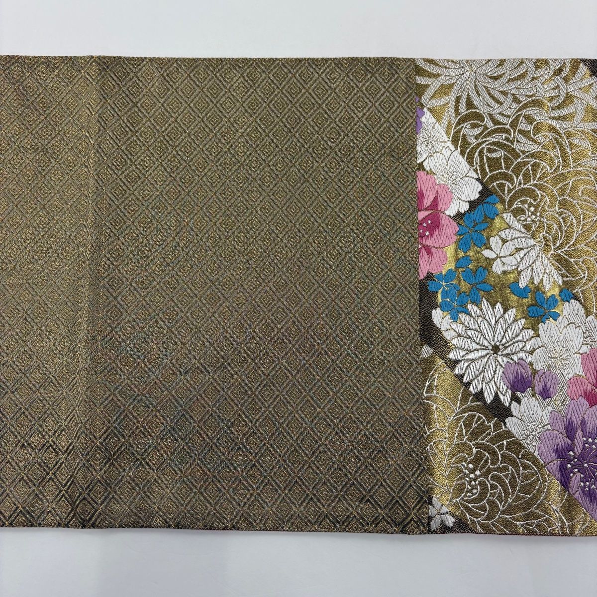 袋帯 美品 秀品 振袖向き 桜 菊 金銀糸 箔 金色 六通 正絹 【中古