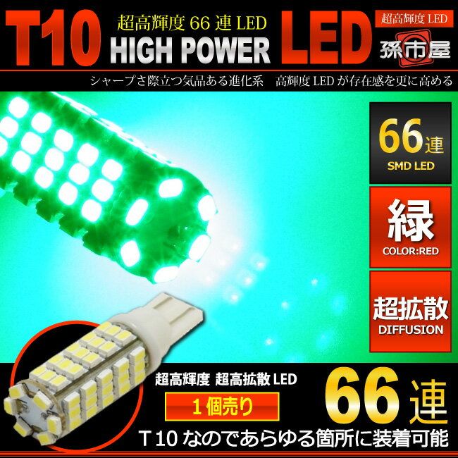 【お一人様1個限り】T10 SMD66連-緑【T10ウェッジ球】【SMD-66連型LED】【LED/66個搭載】【高輝度】【超広角の照射角度270度】【孫市屋】【グリーン/緑】(LBS66G)