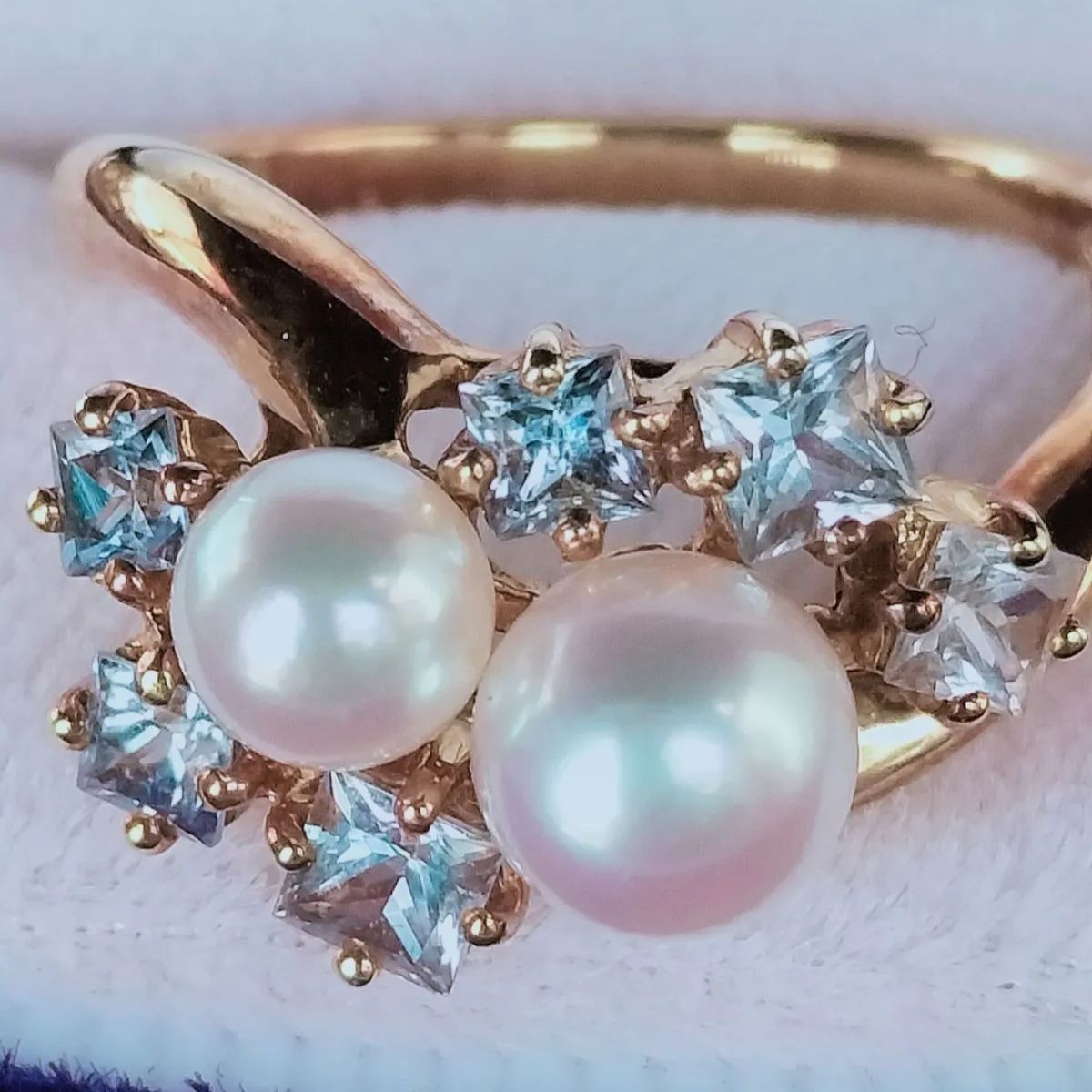 新品パールリング 真珠ブルーサファイアリングK18 アコヤ真珠オーロラ
