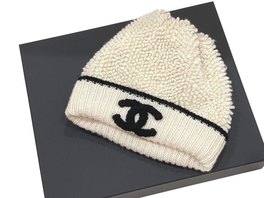 【未使用展示品】シャネル　カシミア　ココマーク　ニット帽　キャップ　ツイード 未使用展示品】シャネル カシミア ココマーク ニット帽 キャップ