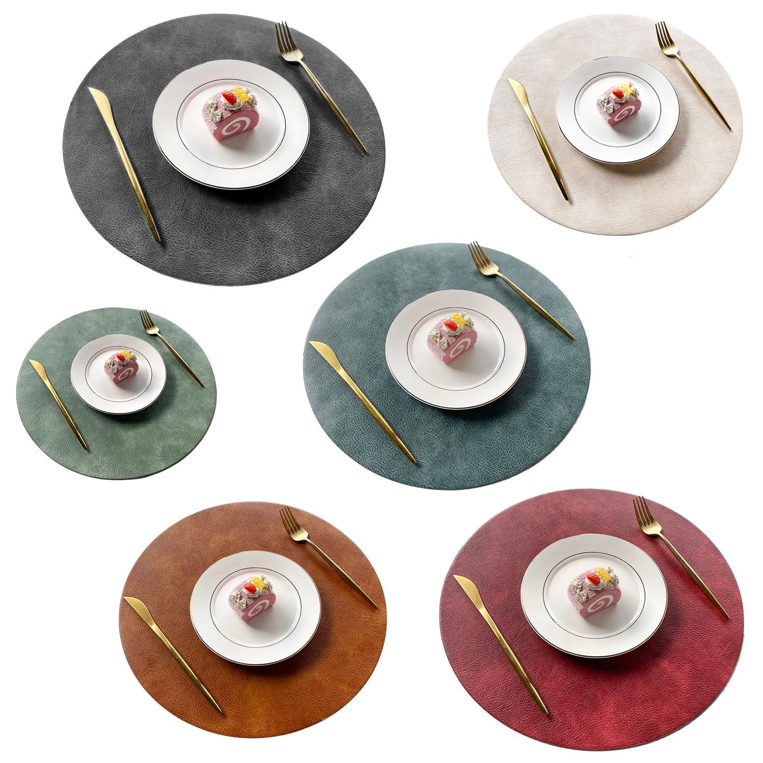 淳一屋 直径38cm大きいサイズ 円形ランチョンマット シンプル 高質PUレザー 柔軟 贅沢 家庭用 レストラン用 丸洗いOK 断熱 滑り止め 撥水 防汚 清潔しやすい 華やか 飾り 直径 38cmブラック 深い青緑 グリーン レッドブラウン ワインレッ