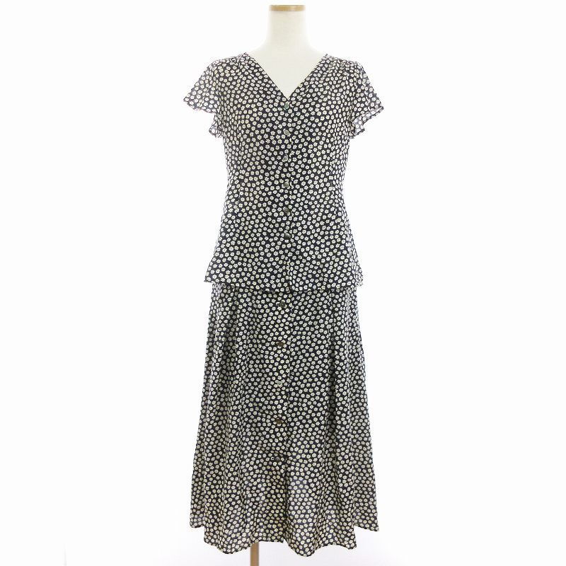 イエナ IENA レトロフラワー 前ボタン セットアップ ブラウス Vネック スカート 花柄 紺 ネイビー 36 S相当